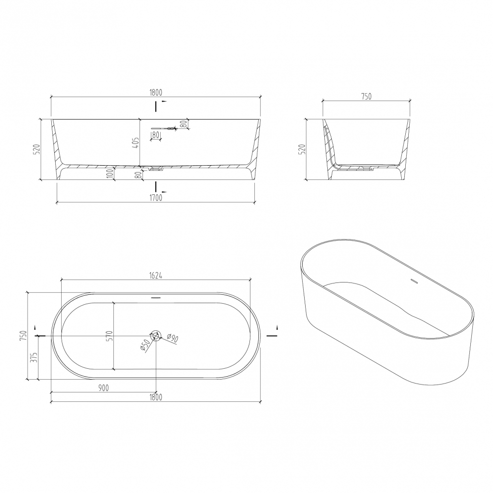 Ванна из искусственного камня ABBER Stein AS9614 белая матовая