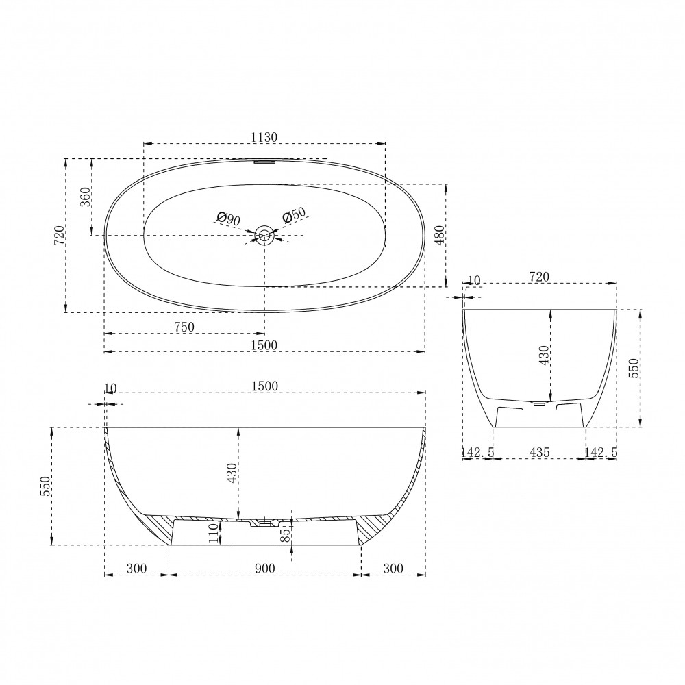 Ванна из искусственного камня ABBER Stein AS9624-1.5 белая матовая