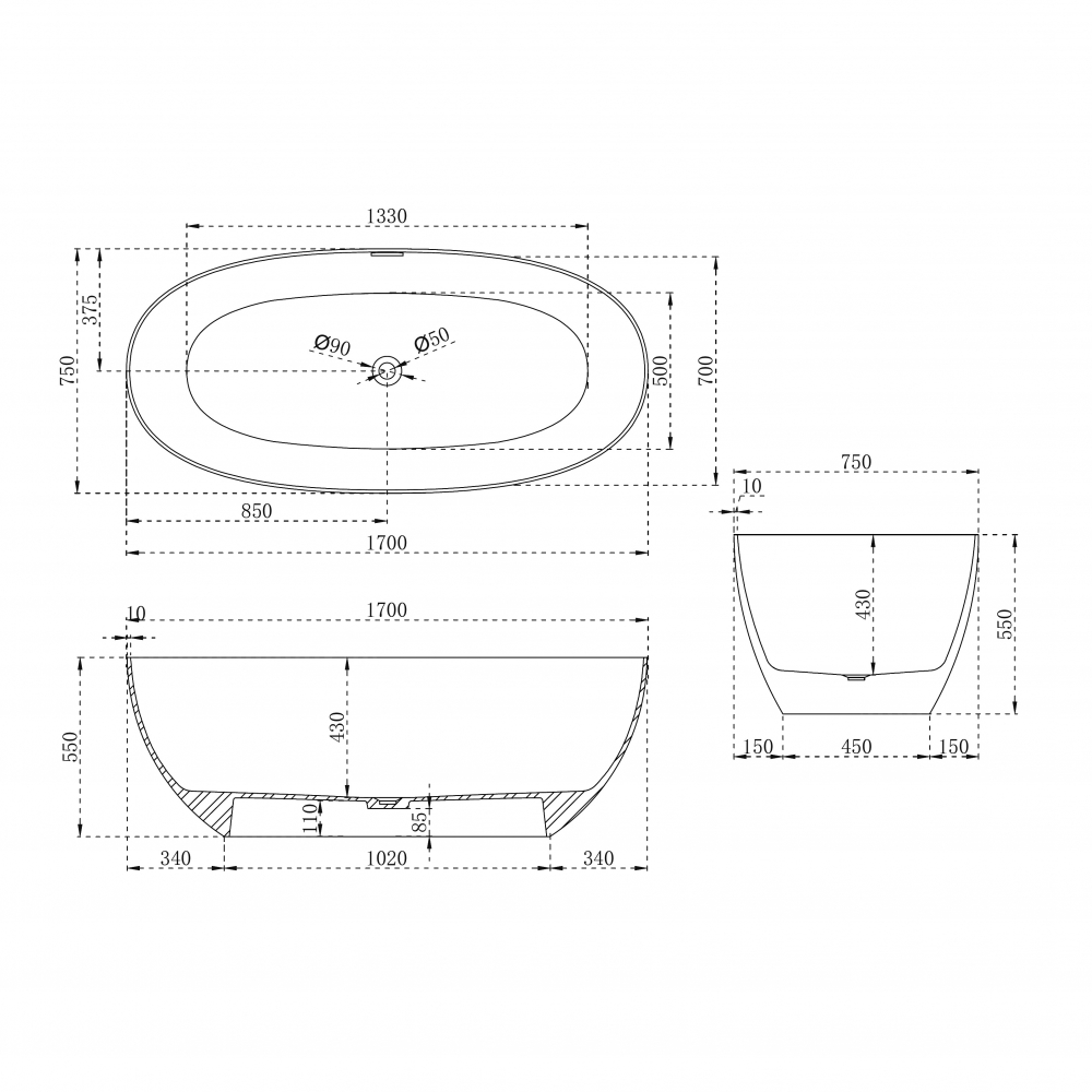 Ванна из искусственного камня ABBER Stein AS9624-1.7 белая матовая
