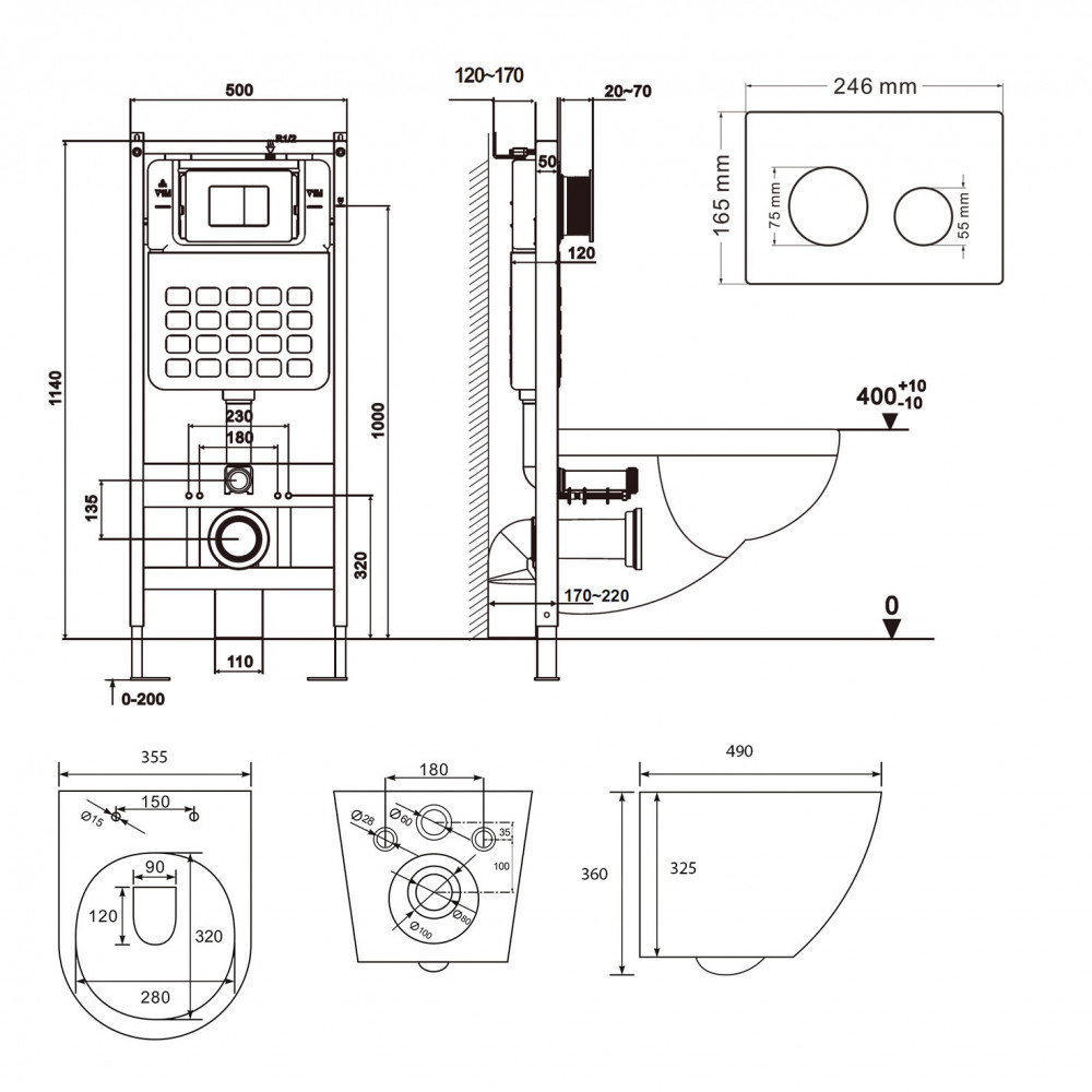Комплект ABBER унитаз AC1100 белый с инсталляцией AC0105 и кнопкой AC0120 хром, биде AC1150 с инсталляцией AC0101P
