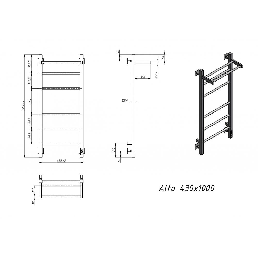 Полотенцесушитель электрический Grota Alto 430х1000 черный