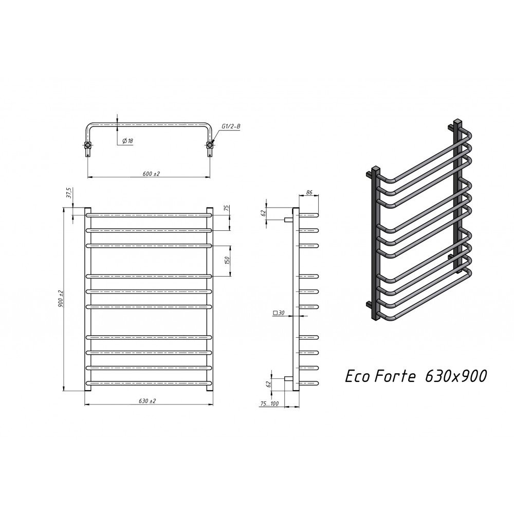 Полотенцесушитель электрический Grota Eco Forte 630x900 черный