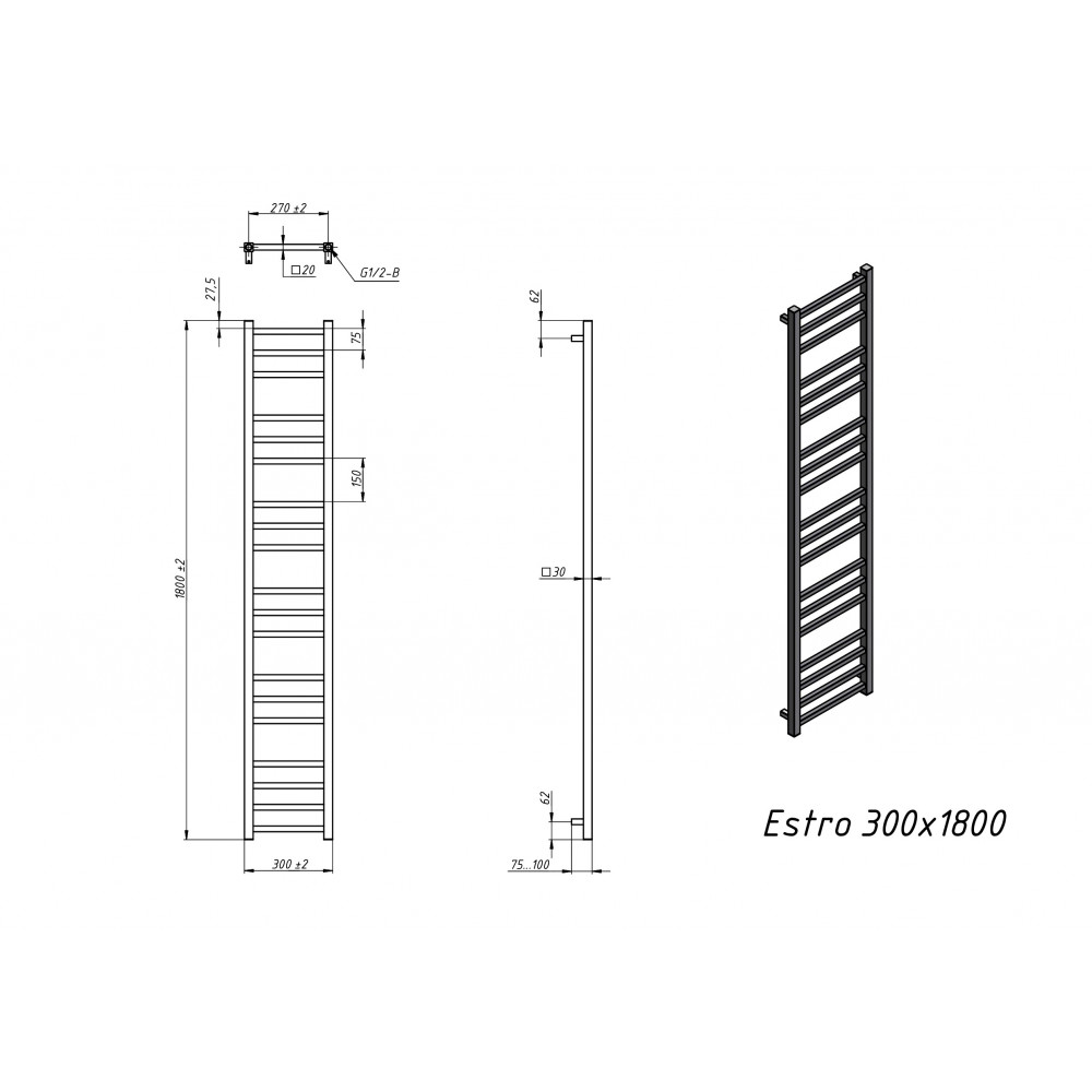 Полотенцесушитель электрический Grota Estro 300x1800 хром матовый
