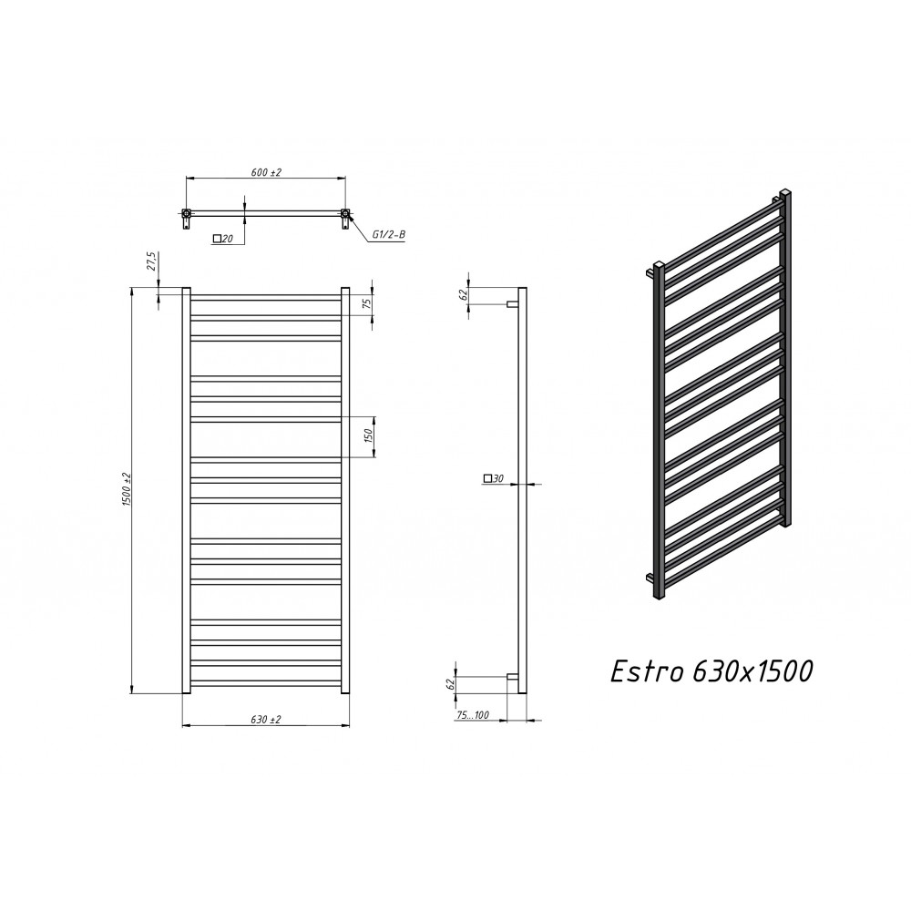 Полотенцесушитель водяной Grota Estro 630x1500 белый