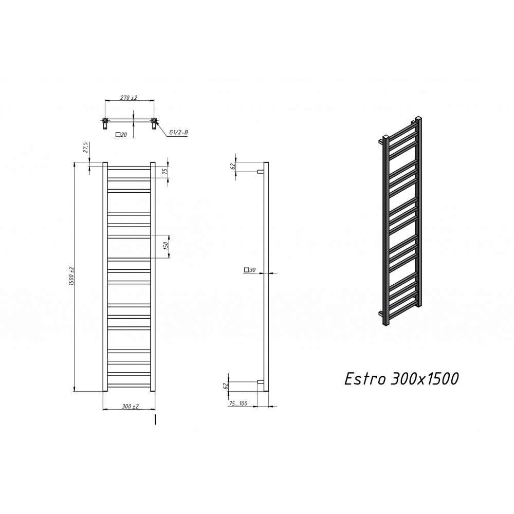 Полотенцесушитель электрический Grota Estro 300x1500 черный