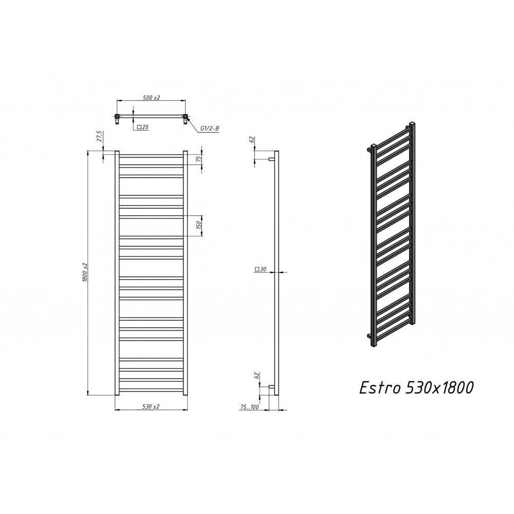 Полотенцесушитель электрический Grota Estro 530x1800 белый