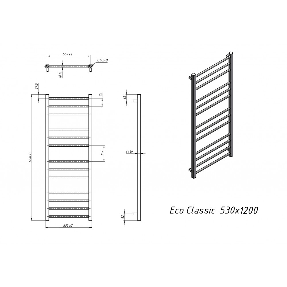 Полотенцесушитель водяной Grota Eco Classic 530x1200 хром глянцевый