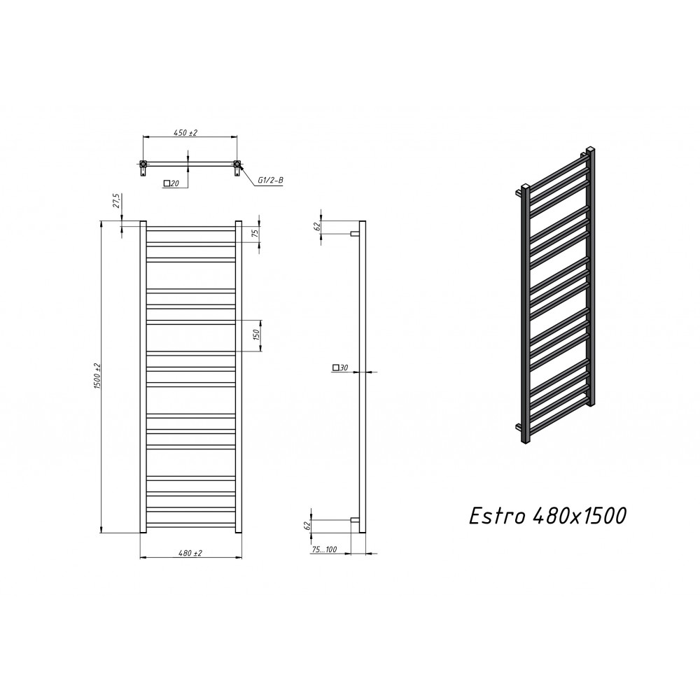 Полотенцесушитель электрический Grota Estro 480x1500 черный