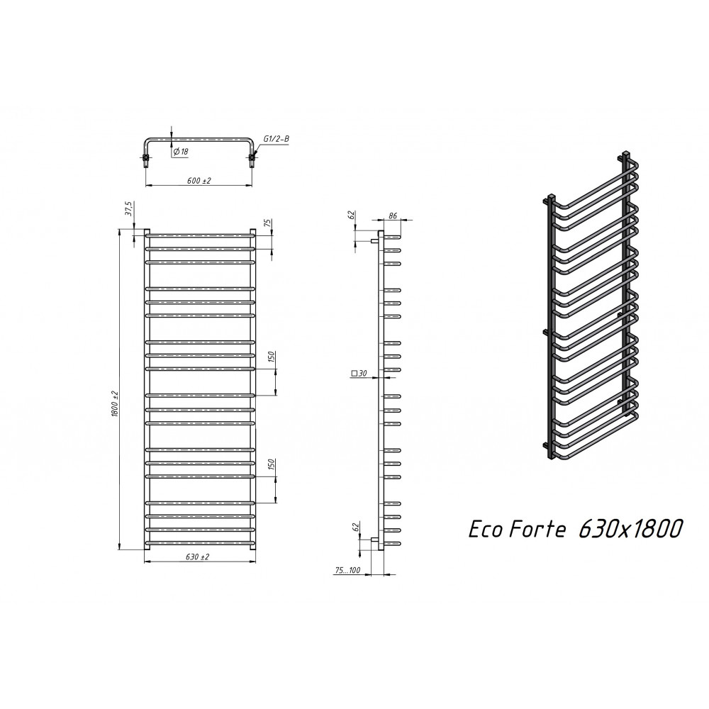 Полотенцесушитель электрический Grota Eco Forte 630x1800 хром матовый