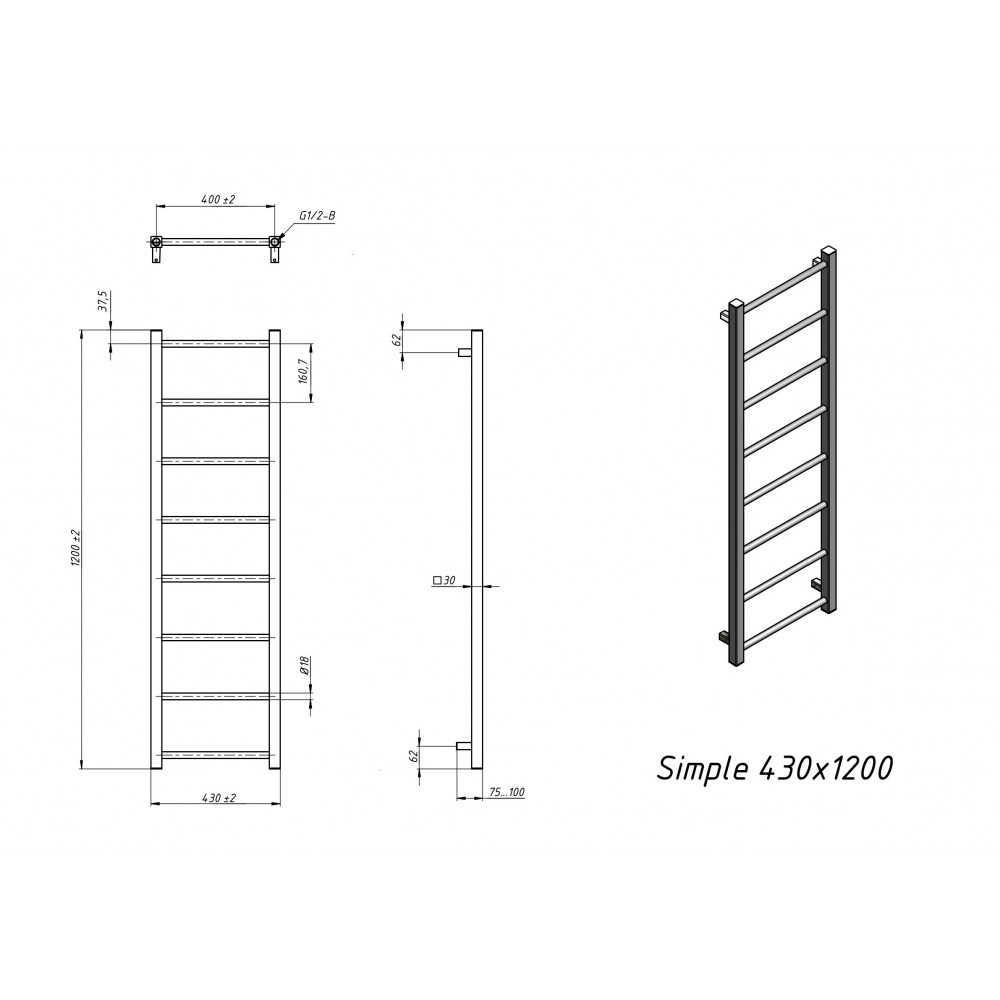 Полотенцесушитель водяной Grota Simple 430х1200 хром глянцевый