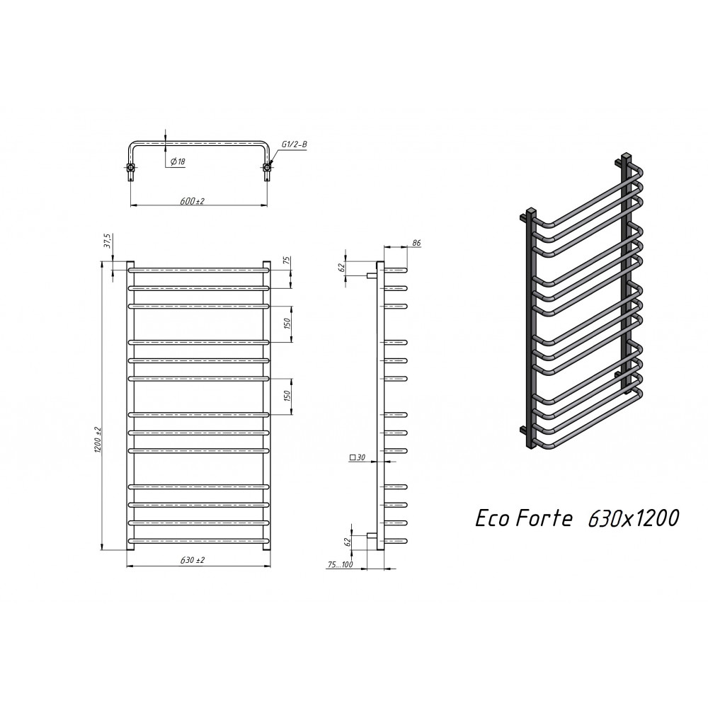 Полотенцесушитель водяной Grota Eco Forte 630x1200 хром матовый