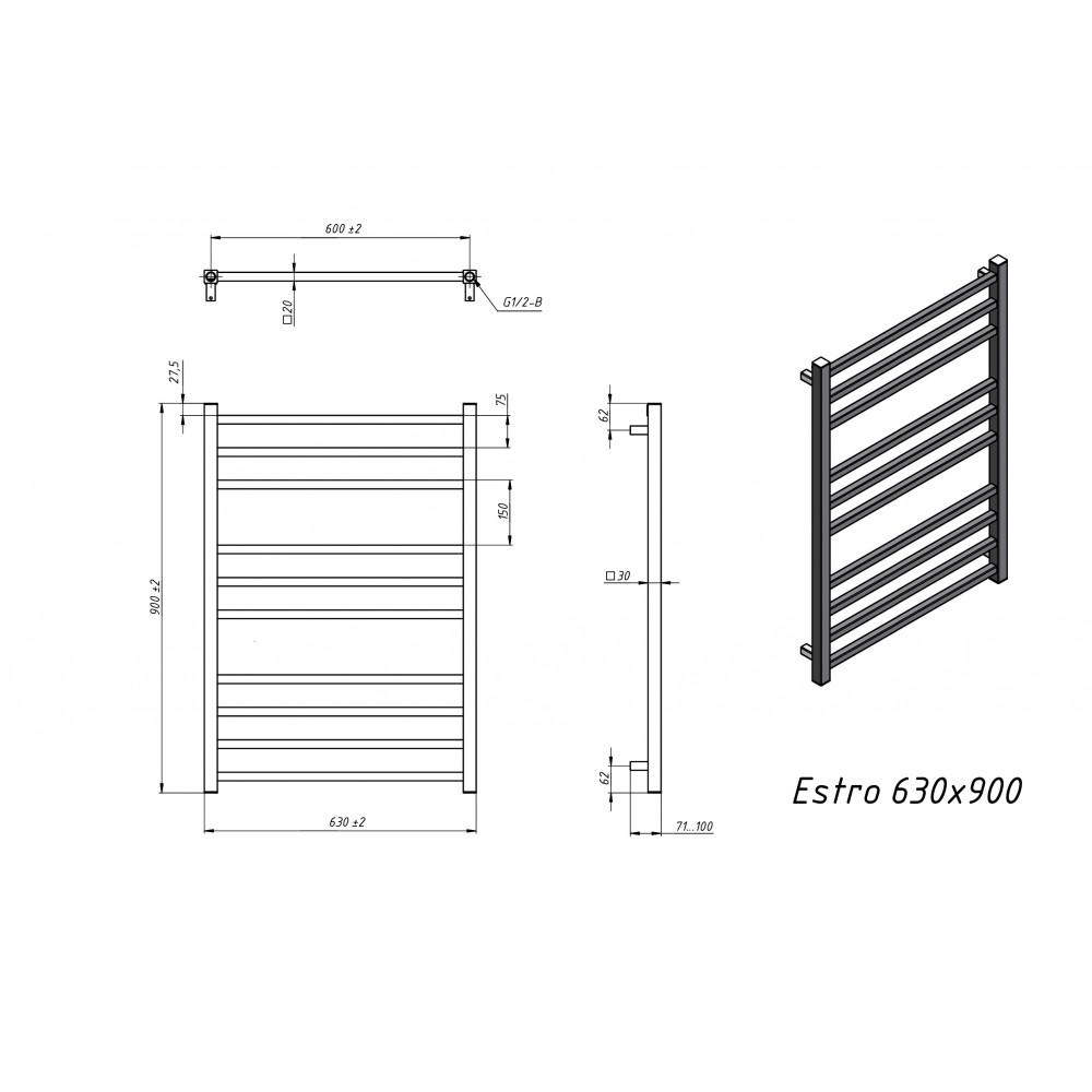 Полотенцесушитель электрический Grota Estro 630x900 хром глянцевый