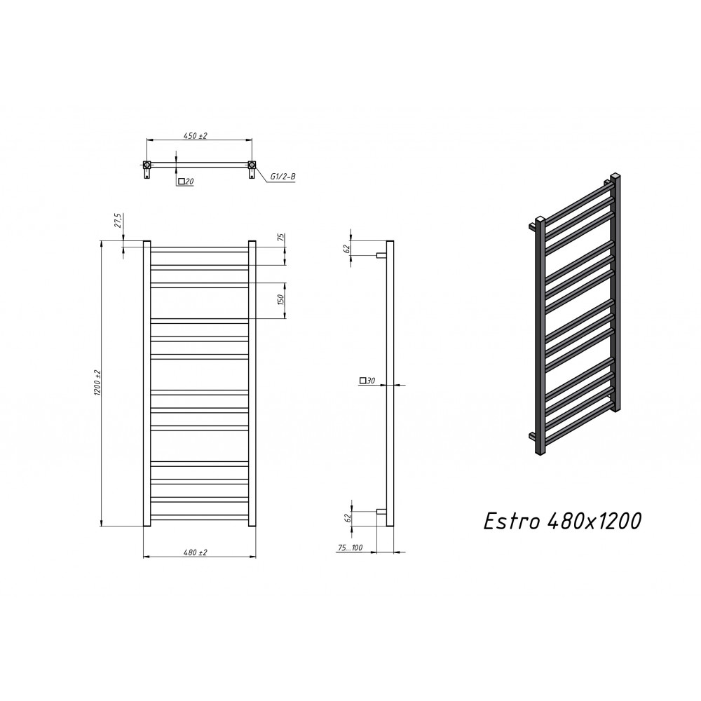 Полотенцесушитель электрический Grota Estro 480x1200 черный