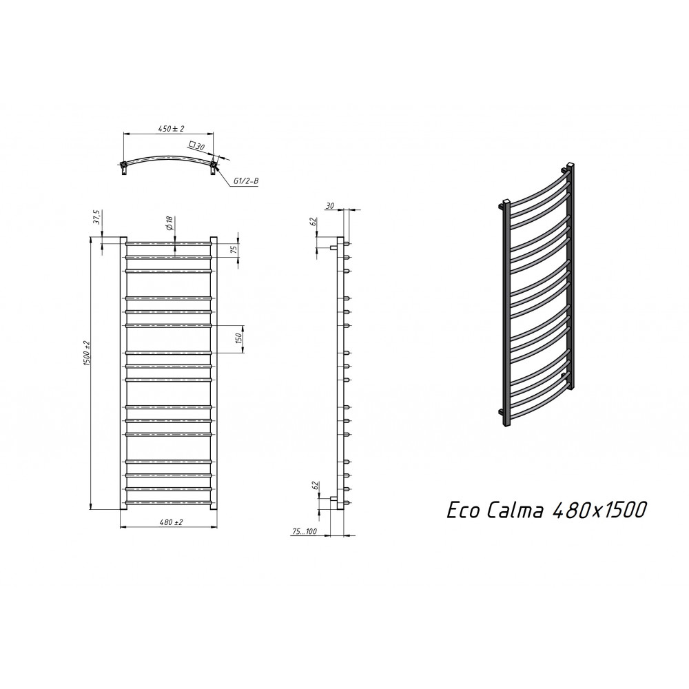 Полотенцесушитель водяной Grota Eco Calma 480x1500 хром матовый