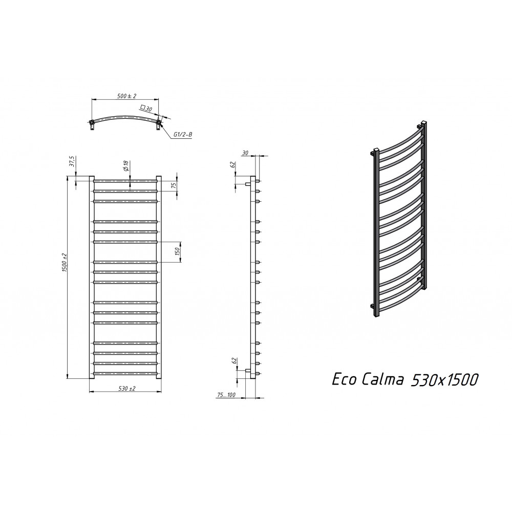 Полотенцесушитель водяной Grota Eco Calma 530x1500 хром матовый