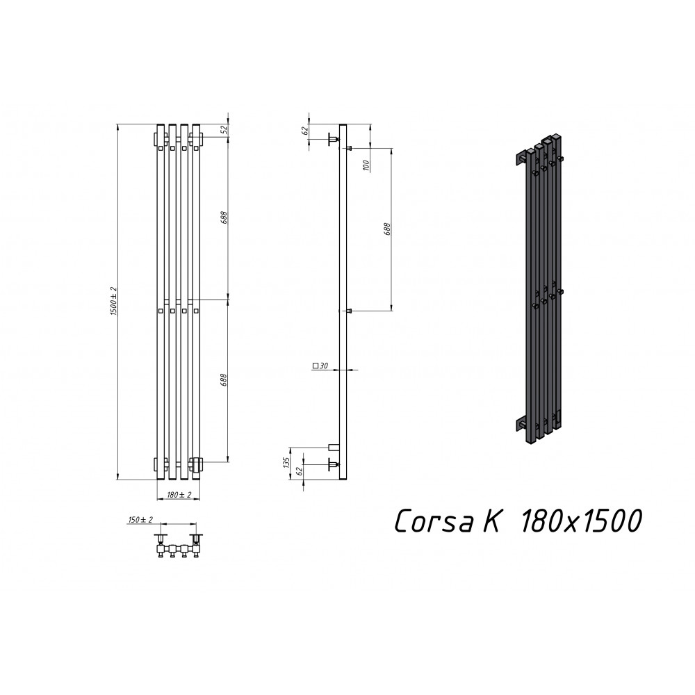 Полотенцесушитель электрический Grota Corsa K 180х1500 хром матовый