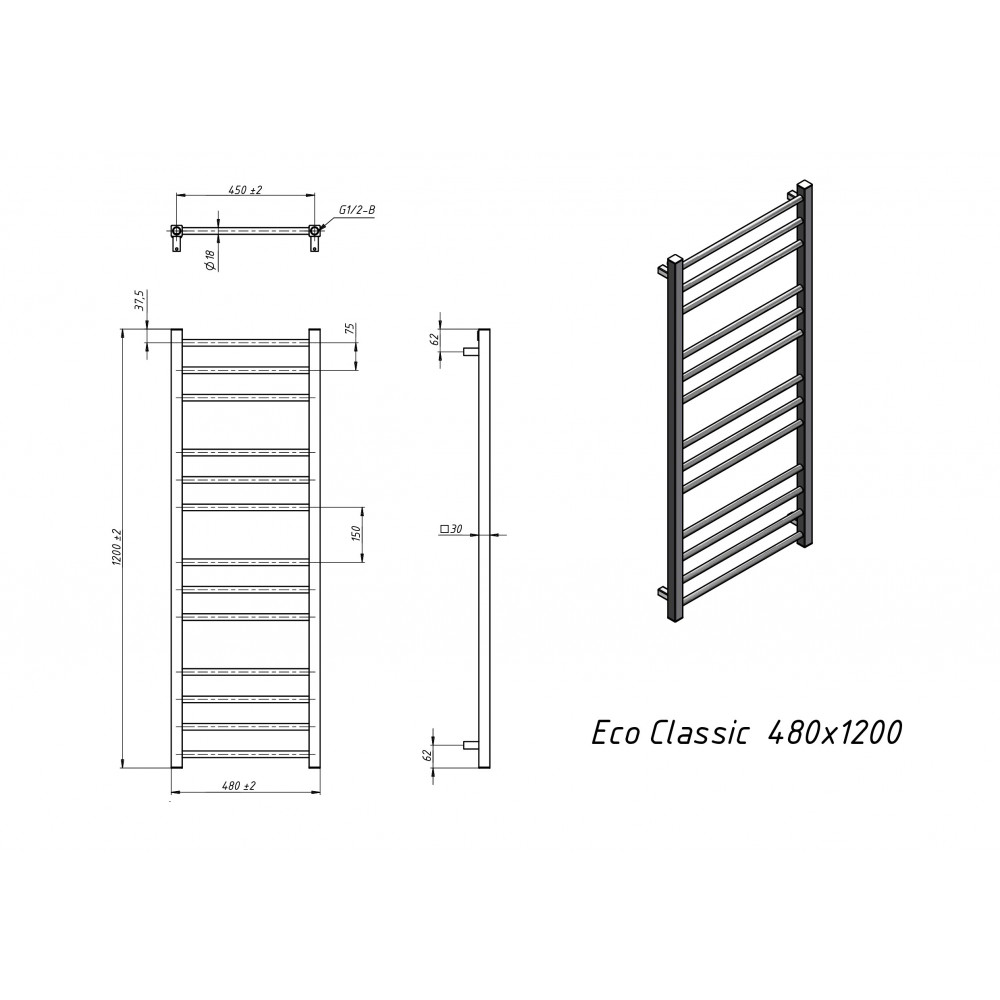 Полотенцесушитель водяной Grota Eco Classic 480x1200 хром матовый