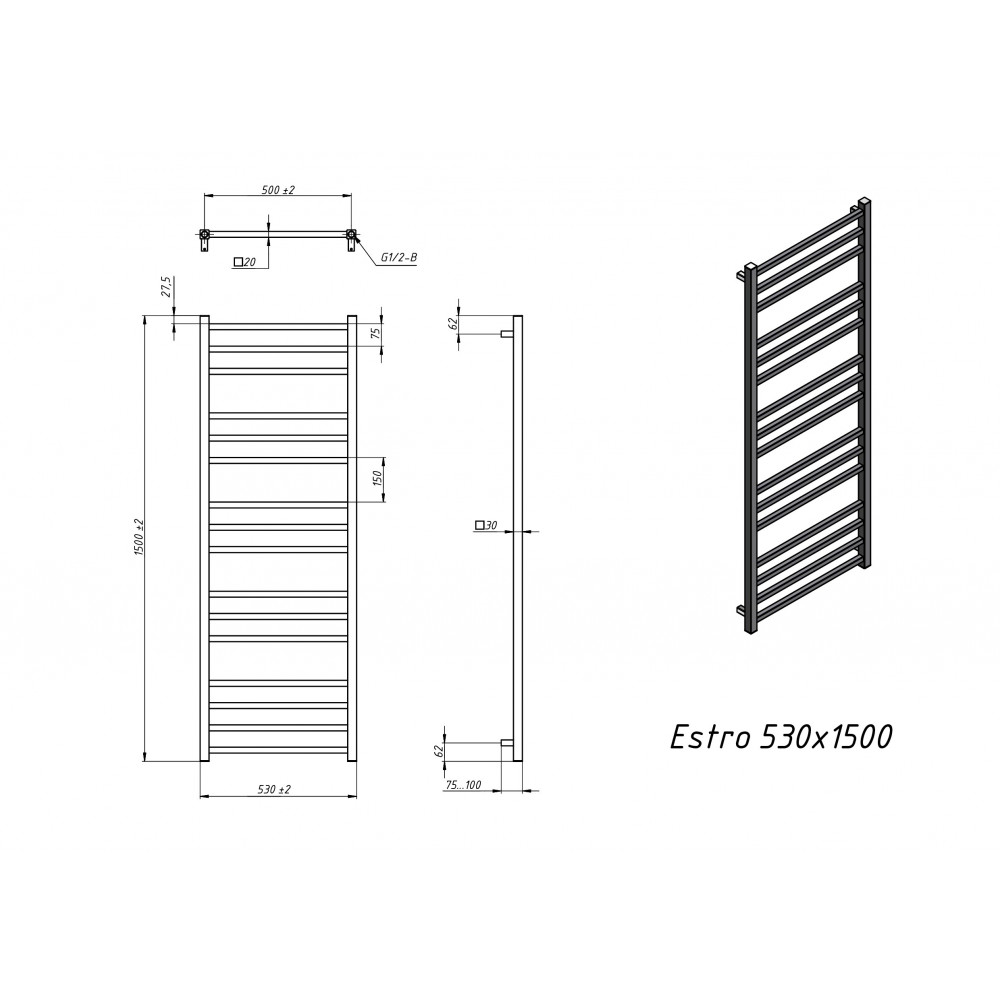 Полотенцесушитель электрический Grota Estro 530x1500 хром матовый