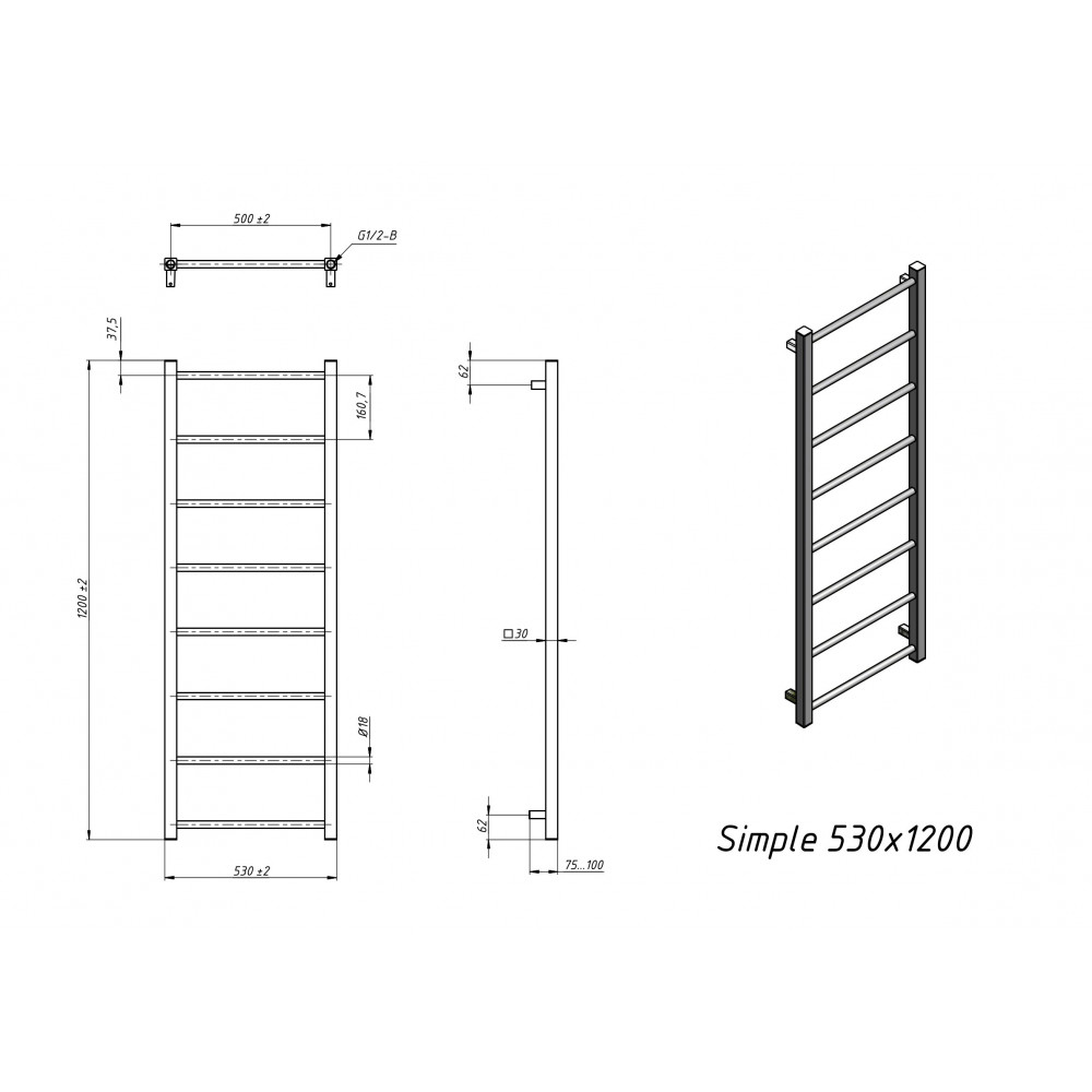 Полотенцесушитель водяной Grota Simple 530х1200 хром глянцевый