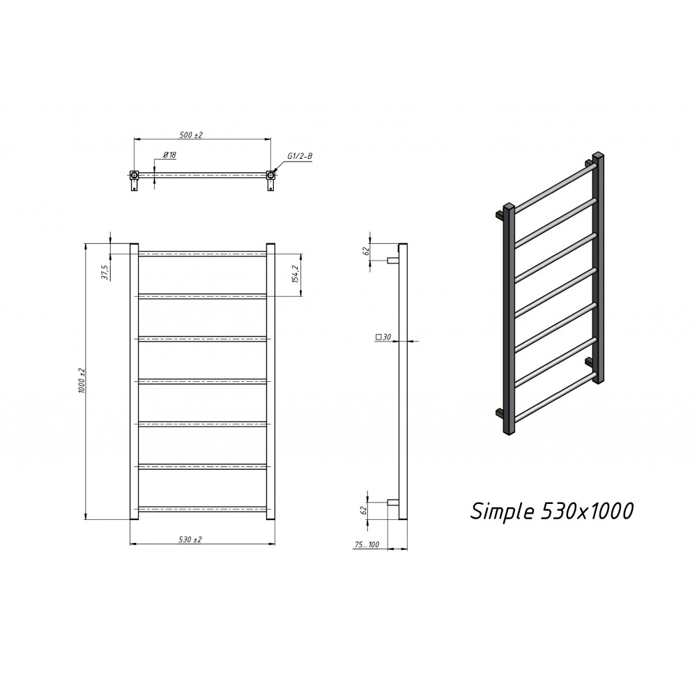 Полотенцесушитель электрический Grota Simple 530x1000 черный