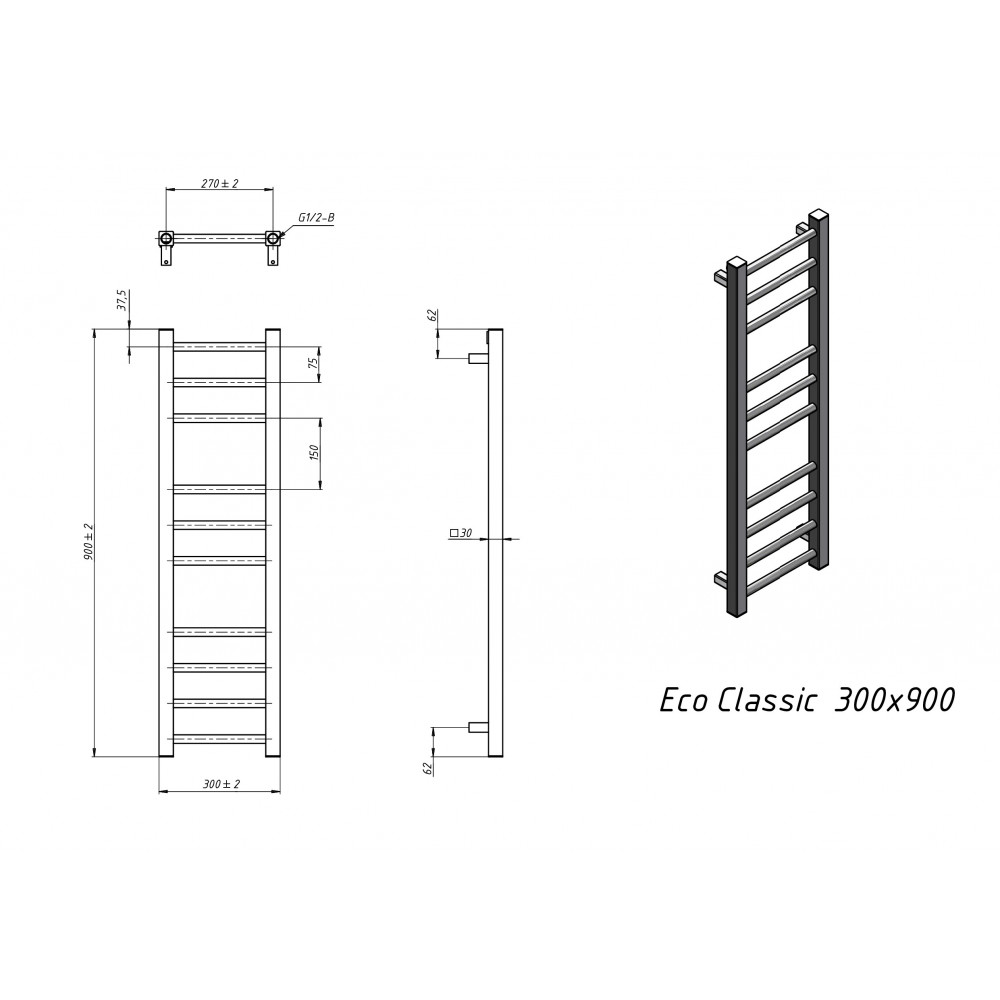 Полотенцесушитель водяной Grota Eco Classic 300x900 черный