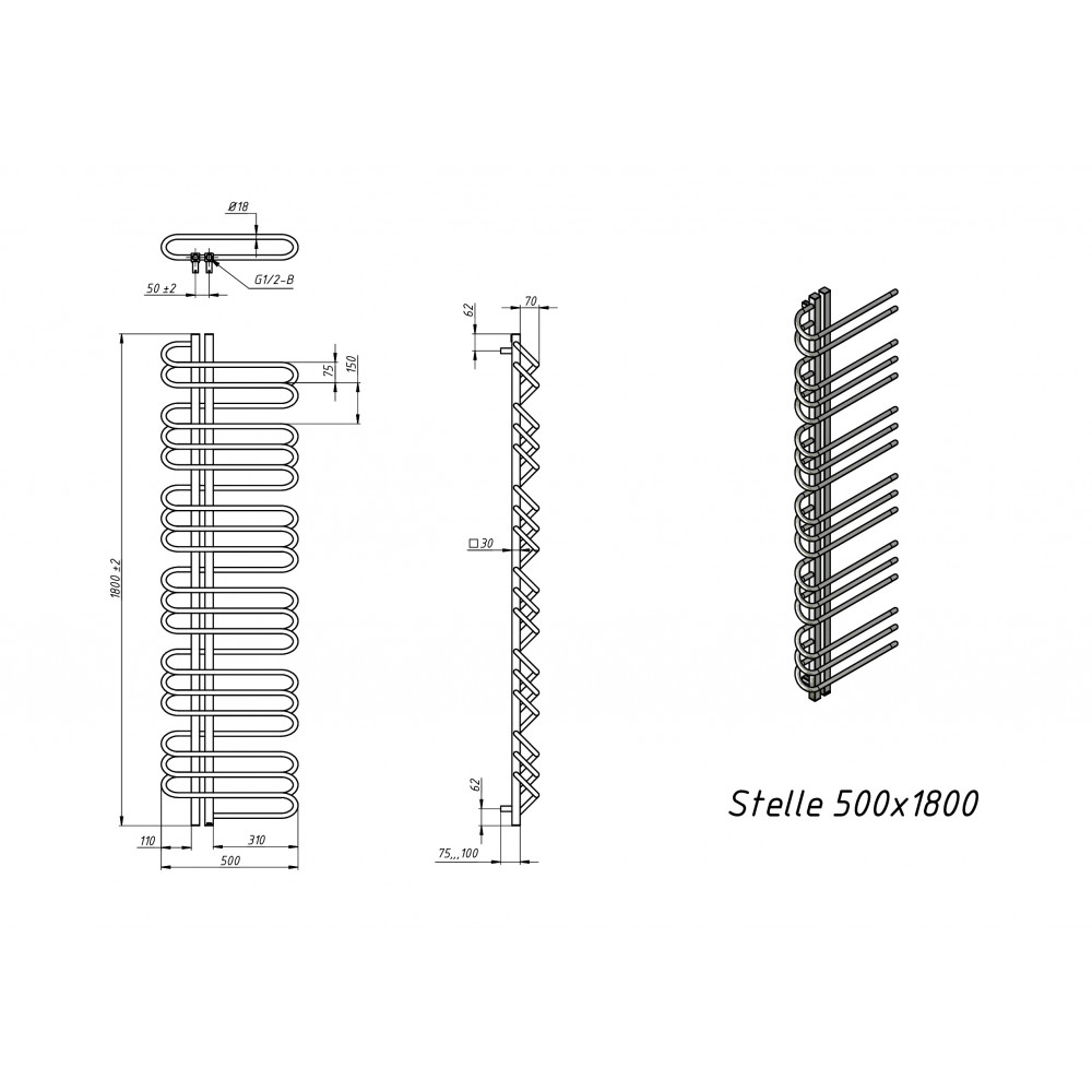 Полотенцесушитель электрический Grota Stelle 500x1800/l белый