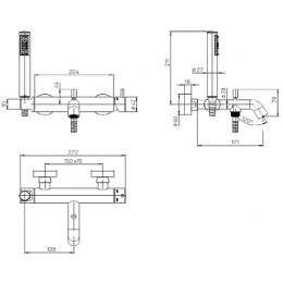 TEO Смеситель для ванной, лейка Zen, шланг дв. фальцевания 125 см., черный матовый
