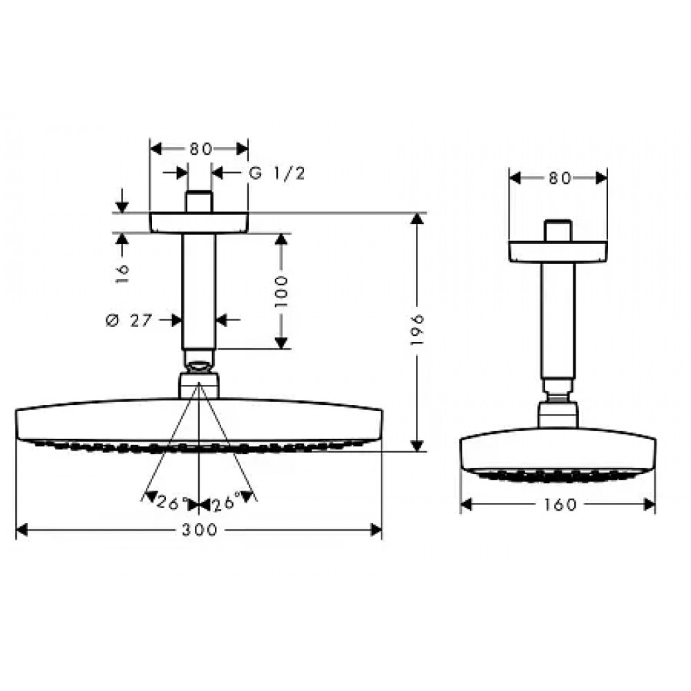 27384000 Raindance Select E 300 2jet верхний душ, ½´, с потолочным подсоединением