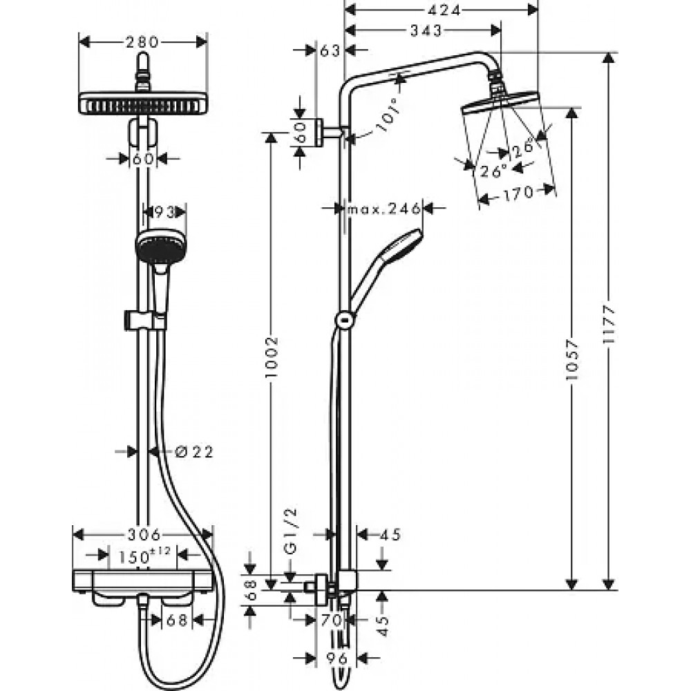 27630000 Croma E 280 1jet Душевая система Showerpipe с термостатом для душа, хром