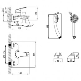 Смеситель для ванны и душа с ручным душем, хром