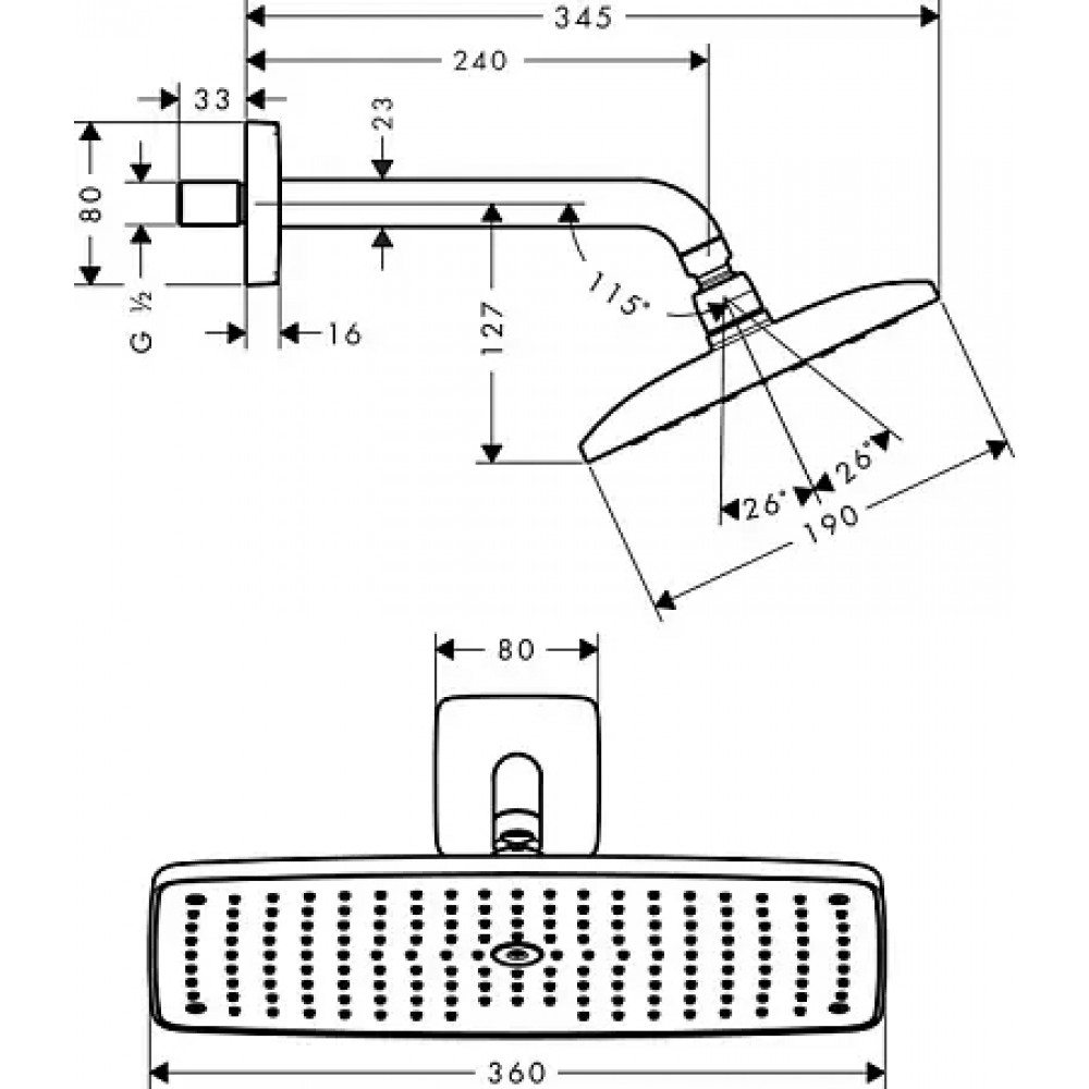 27371000 Raindance Верхний душ Raindance E 360 AIR 1jet, держатель 223 мм, ½’