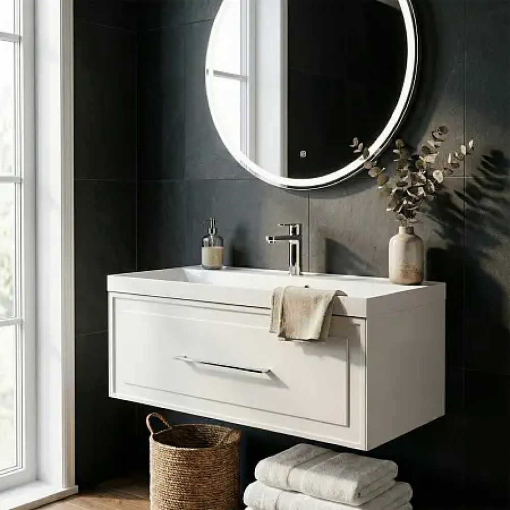 Комплект Тумба Belloni 100 БЕЛЫЙ МАТ подвесная с раковиной Астория 100