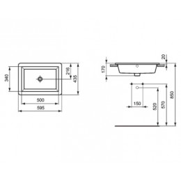 K078001 STRADA Встраиваемый умывальник 59 см, без отверстий под смеситель, с переливом, с монтажным шаблоном, без крепежа