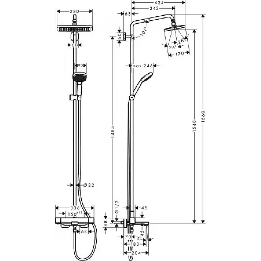 27687000 Croma E 280 1jet Душевая система Showerpipe для ванны, хром