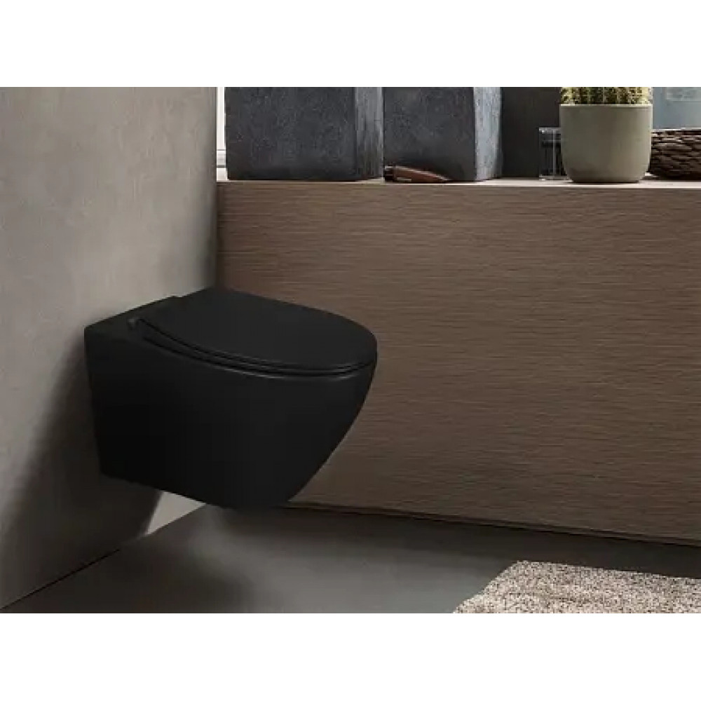 Keras matt black Унитаз подвесной безободковый, с сиденьем микролифт, дюропласт Размер 520*370*360