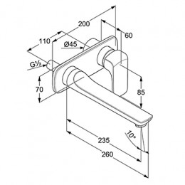 KLUDI AMEO настенный смеситель для умывальника, внешняя монтажная часть, длина излива 235 мм, арт. 412450575