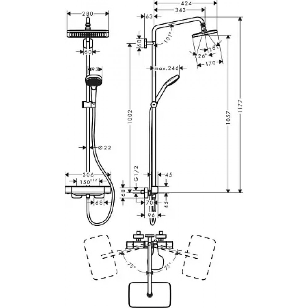27660000 Croma E 280 1jet Душевая система Showerpipe с термостатом для душа, EcoSmart, хром