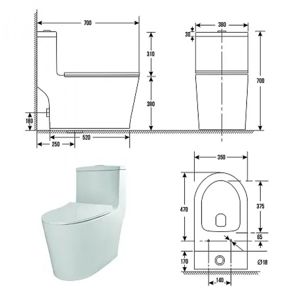 Bais Унитаз-моноблок, Rimless, с сиденьем дюропласт, микролифт (1 место)