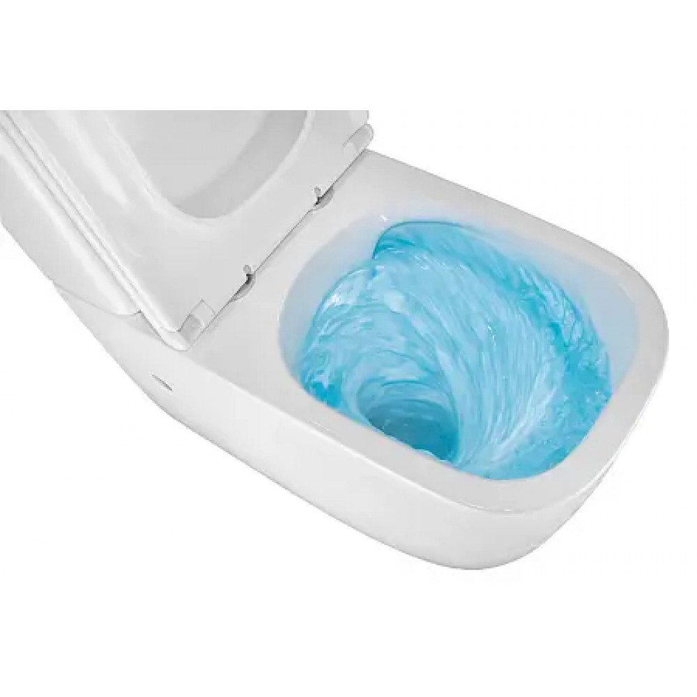 RIANO Унитаз напольный безободковый в комплекте с бачком и сиденьем дюропласт микролифт, смыв ТОРНАДО . Размер 620x355x790 мм (2 места)