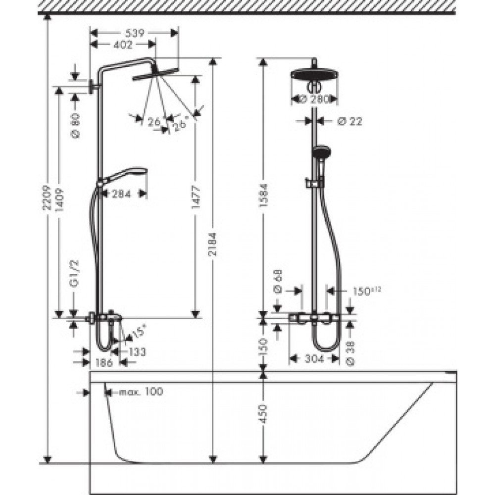 26792000 Croma Select 280 Air 1jet Showerpipe для ванны с термостатом