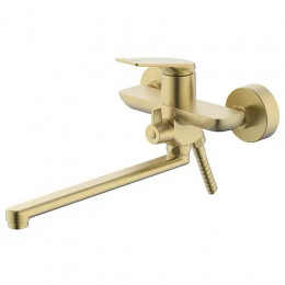 Lursy Смеситель для ванны с ручным душем, длинный излив, золото матовое
