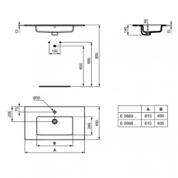 E066901 TEMPO Vanity Умывальник 81.5X45.5 см, с 1-м отверстием под смеситель, с отверстием перелива, только для встраивания в подстолье