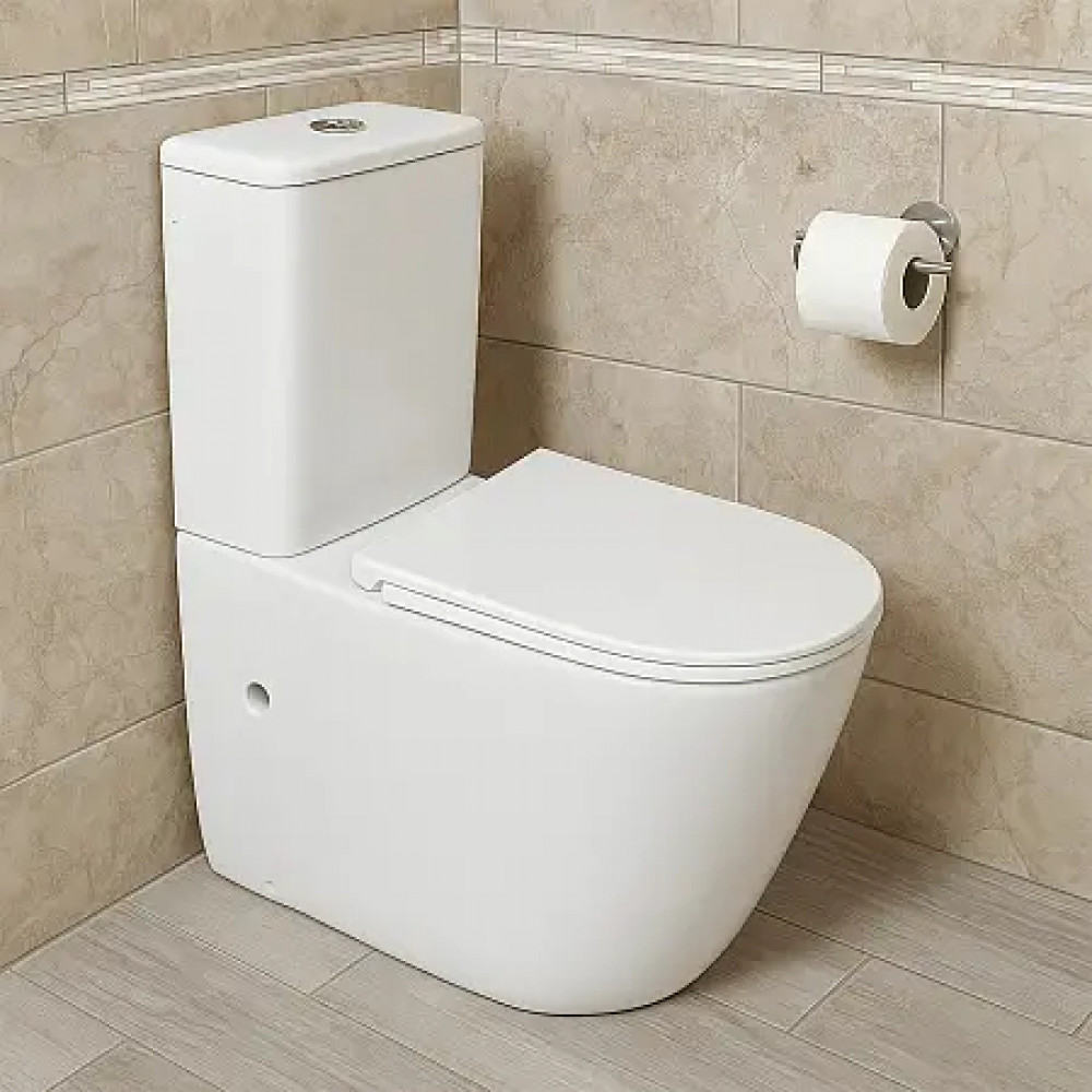 RIANO Унитаз напольный безободковый в комплекте с бачком и сиденьем дюропласт микролифт, смыв ТОРНАДО . Размер 620x355x790 мм (2 места)