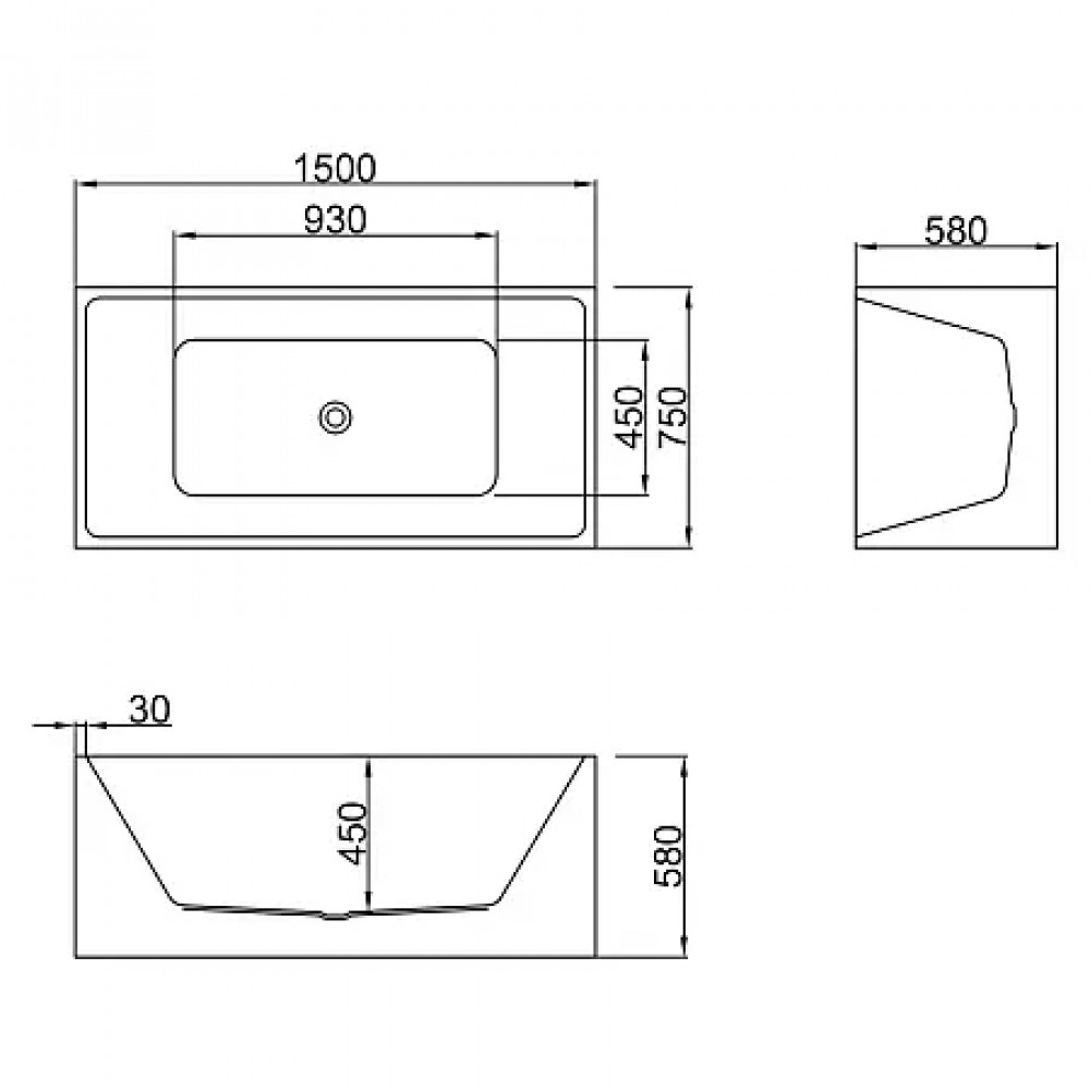 MODERN Ванна акриловая отдельностоящая  в комплекте с сифоном и металлической рамой 1500x750x580 мм