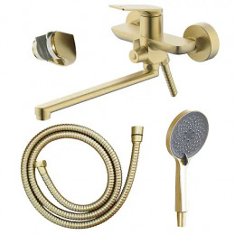 Lursy Смеситель для ванны с ручным душем, длинный излив, золото матовое