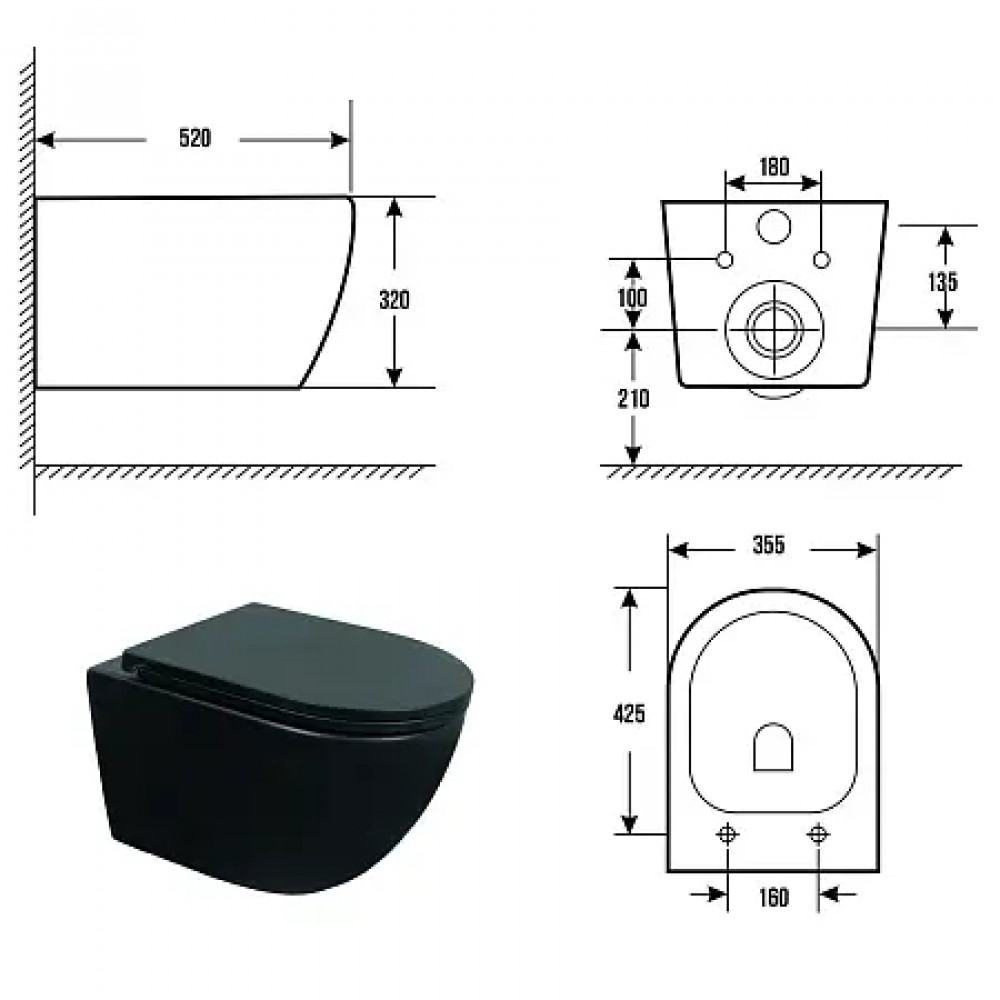 Ines Black унитаз подвесной, с функцией Торнадо, с сиденьем дюропласт, микролифт (1 место)