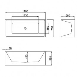 MODERN Ванна акриловая отдельностоящая  в комплекте с сифоном и металлической рамой 1700x750x580 мм