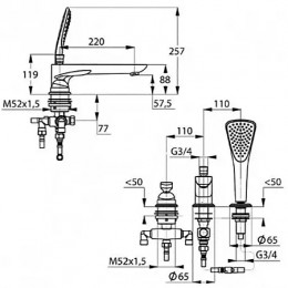 KLUDI BALANCE Однорычажный смеситель для ванны и душа, на 3 отверстия, длина излива 220 мм