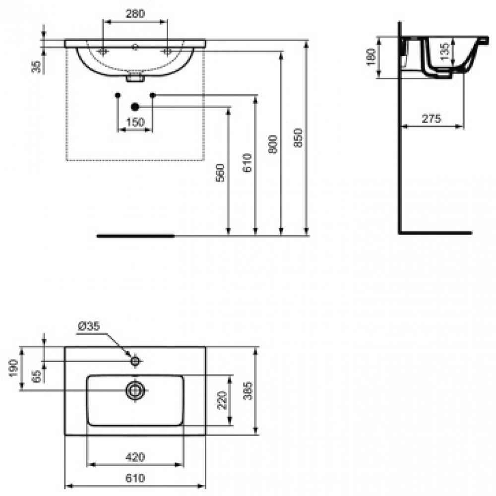 Ideal Standard i.life S Vanity раковина 61x39 см с отверстием под смеситель, с отверстием перелива, без крепежа. Узкая проекция - 38,5 см. Для монтажа