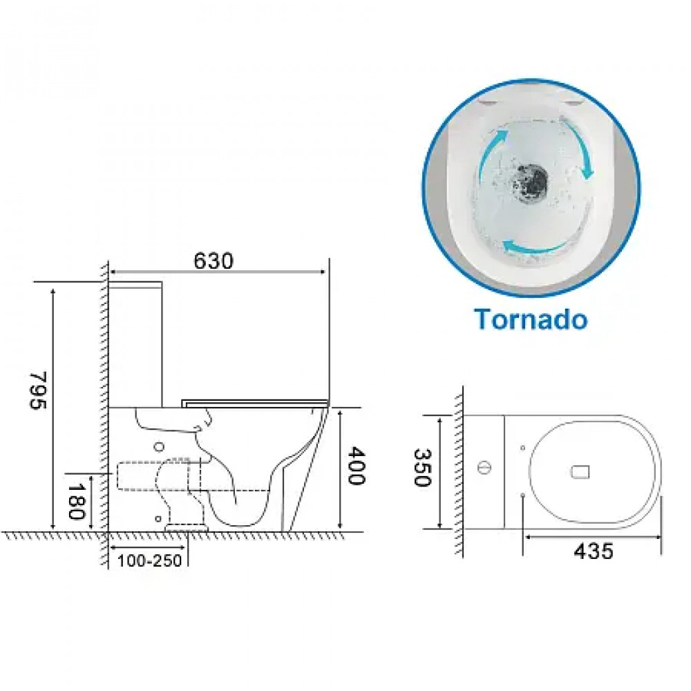 LANDER Унитаз напольный безободковый в комплекте с бачком и сиденьем дюропласт микролифт, смыв ТОРНАДО . Размер 630x350x795 мм (2 места)